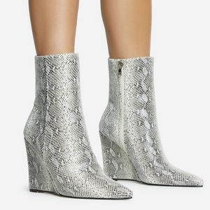 METALLIC SILVER SNAKE PRINT WEDGED HEEL ANKLE BOOT